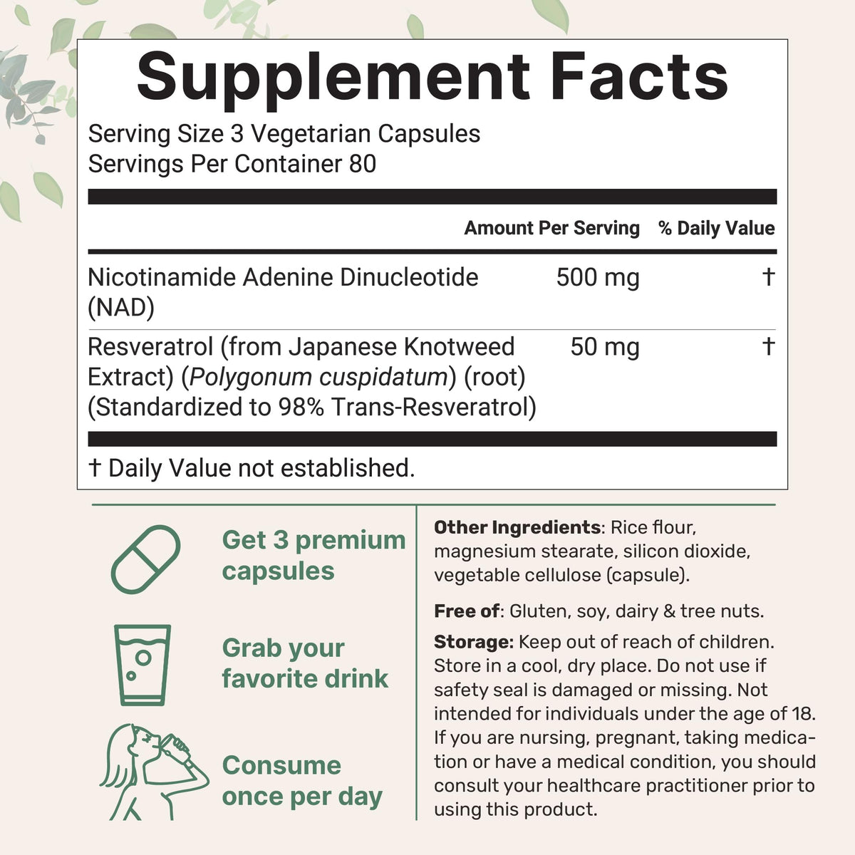 Micro Ingredients NAD+ 500mg avec Resvératrol capsules végétales arrière