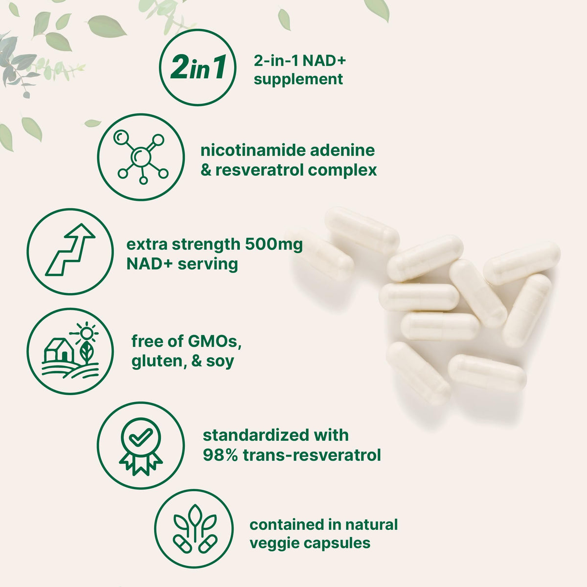 Micro Ingredients NAD+ 500mg avec Resvératrol vue de côté des capsules