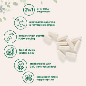 Micro Ingredients NAD+ 500mg avec Resvératrol vue de côté des capsules