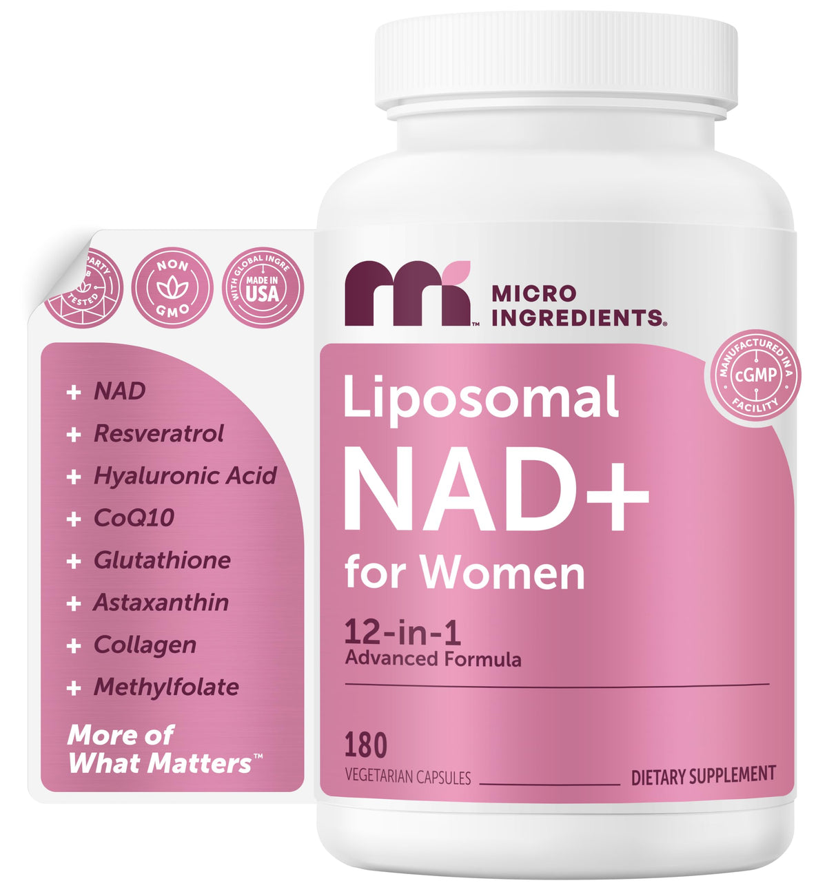 Micro Ingredients NAD+ Liposomal Femme 180 capsules végétales, vue de face