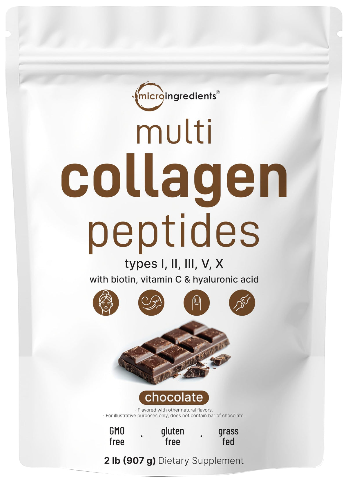 Micro Ingredients Poudre de Collagène Multi Peptides 2lb au chocolat vue avant