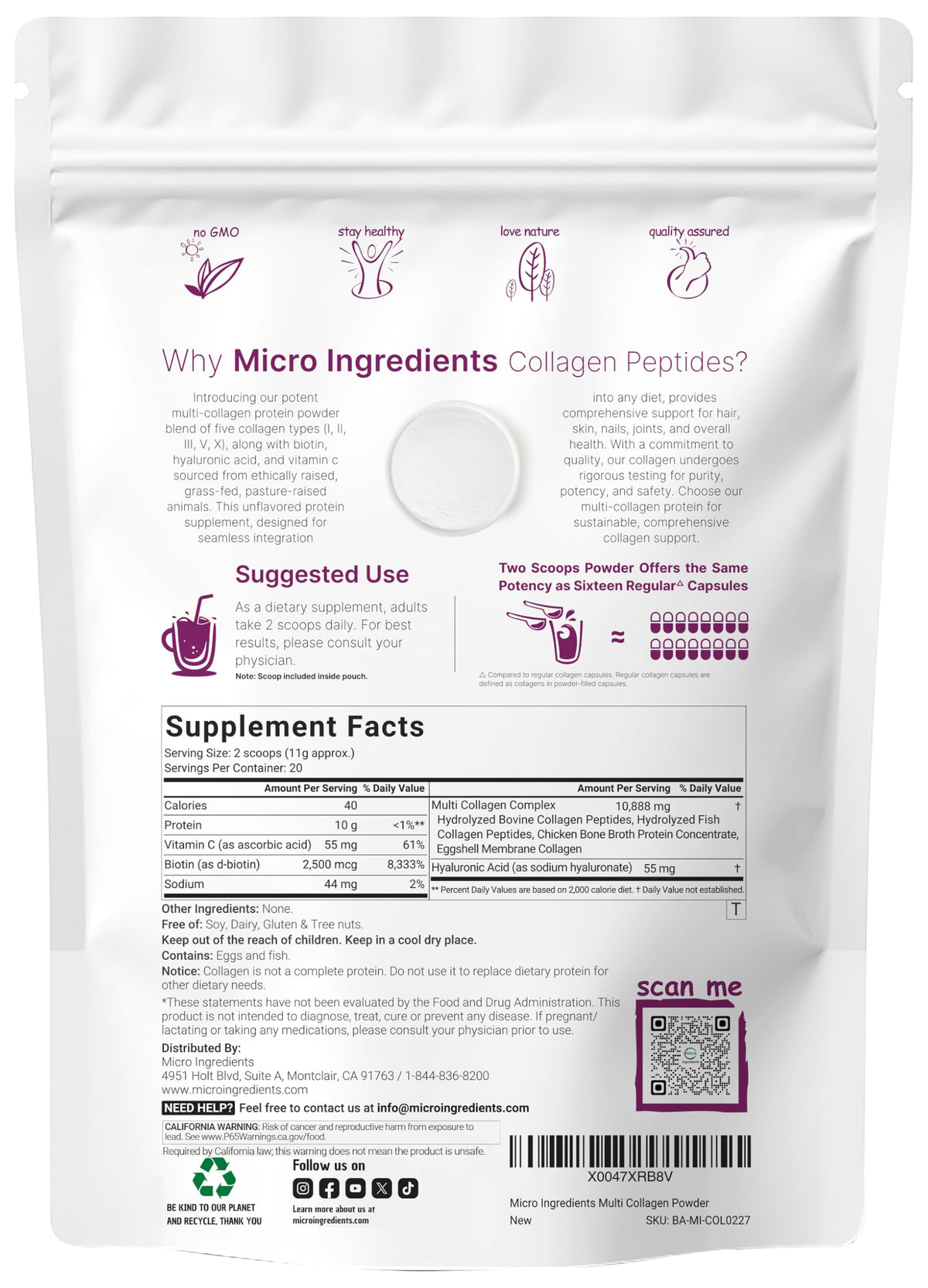 Micro Ingredients Poudre de Collagène Multi Peptides 8oz packaging arrière