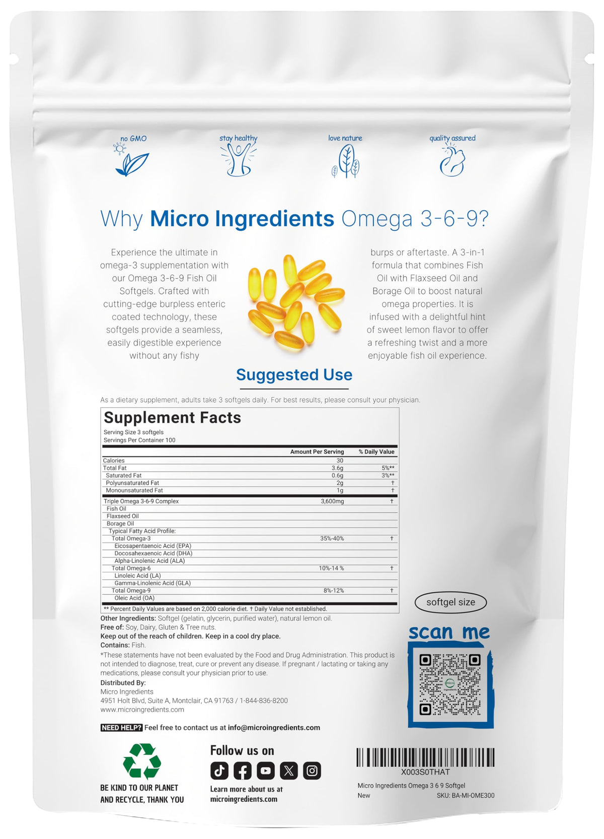 Micro Ingredients Ultra Omega 3-6-9 3600mg gélules softgel arrière