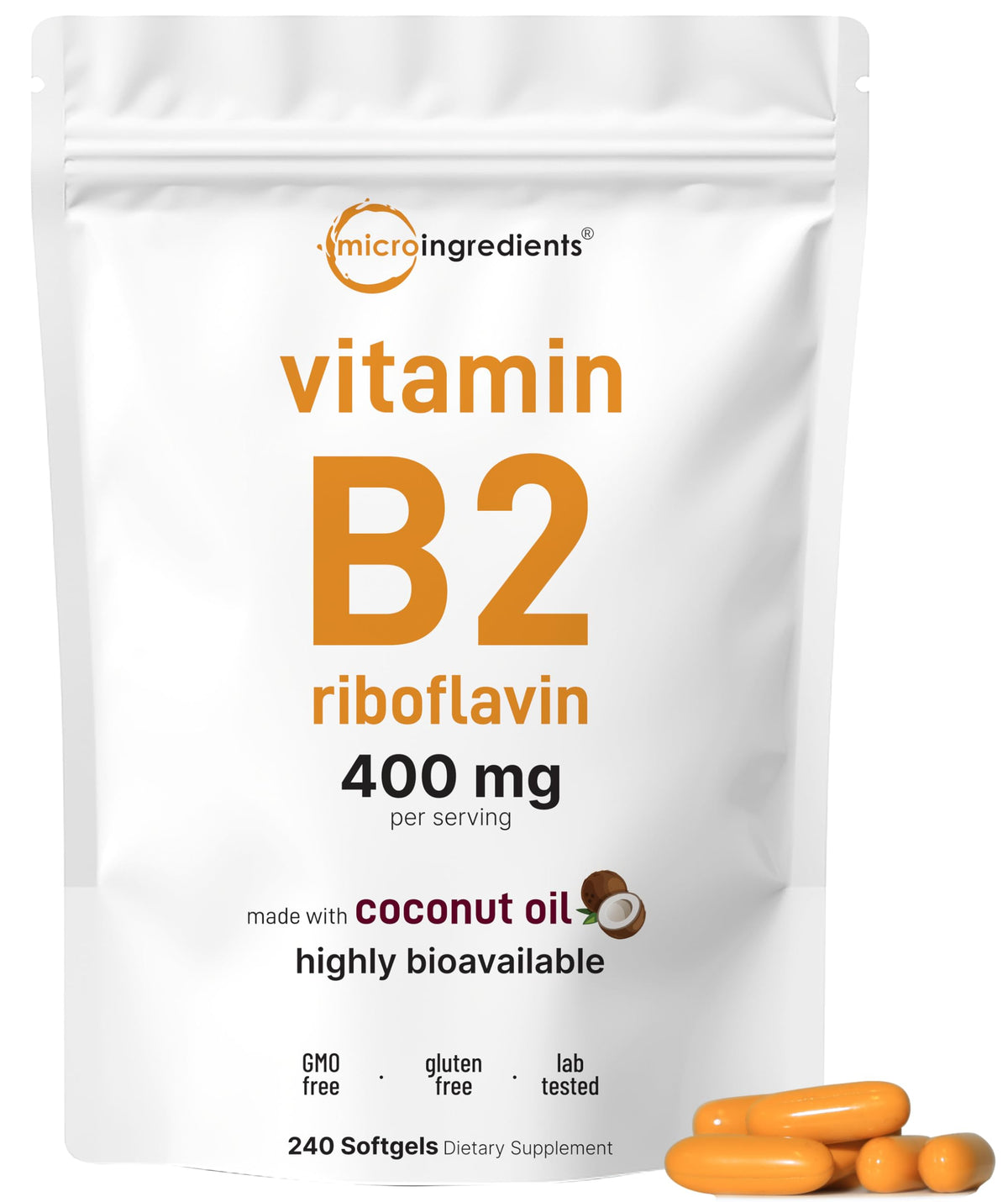 Micro Ingredients Vitamine B2 400mg 240 gélules avec huile de coco