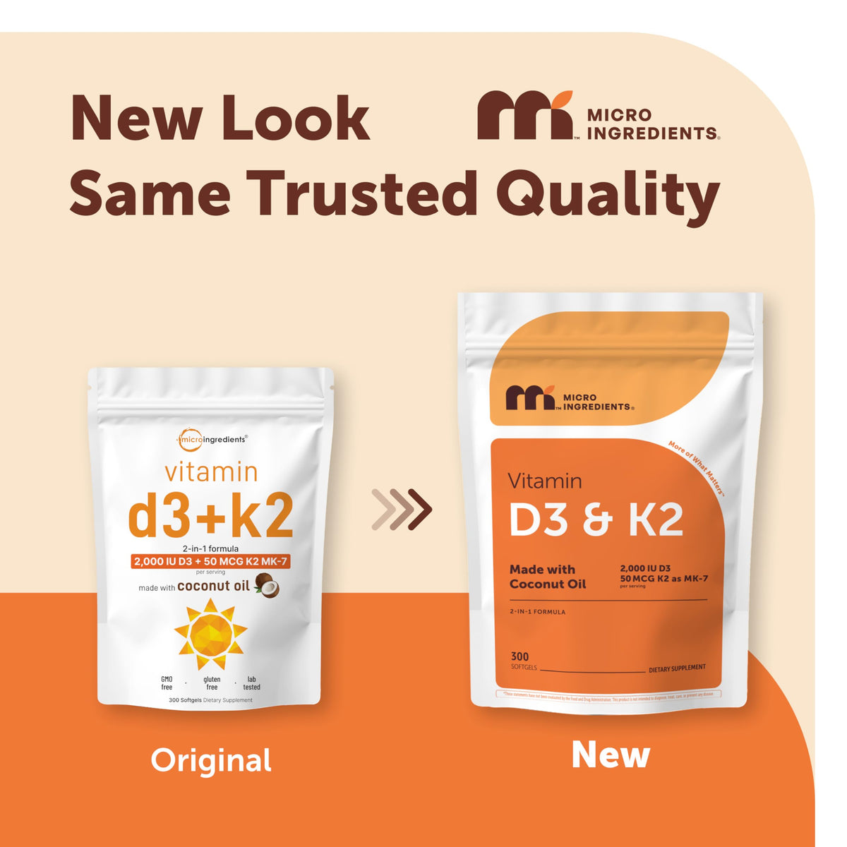 Micro Ingredients Vitamine D3 2000 UI + K2 MK-7 300 gélules et emballage