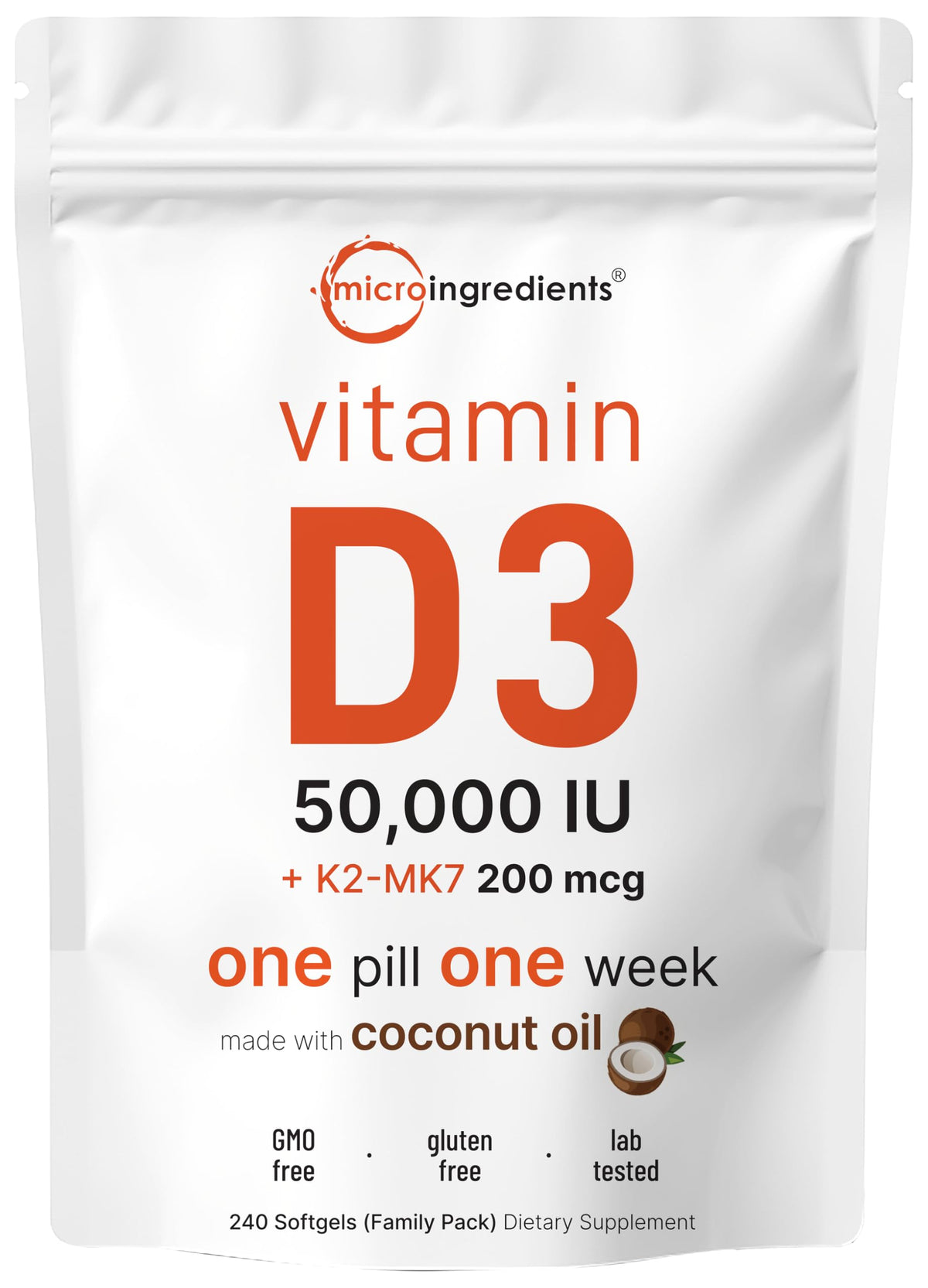 Micro Ingredients Vitamine D3 50 000 UI 240 gélules devant un fond blanc