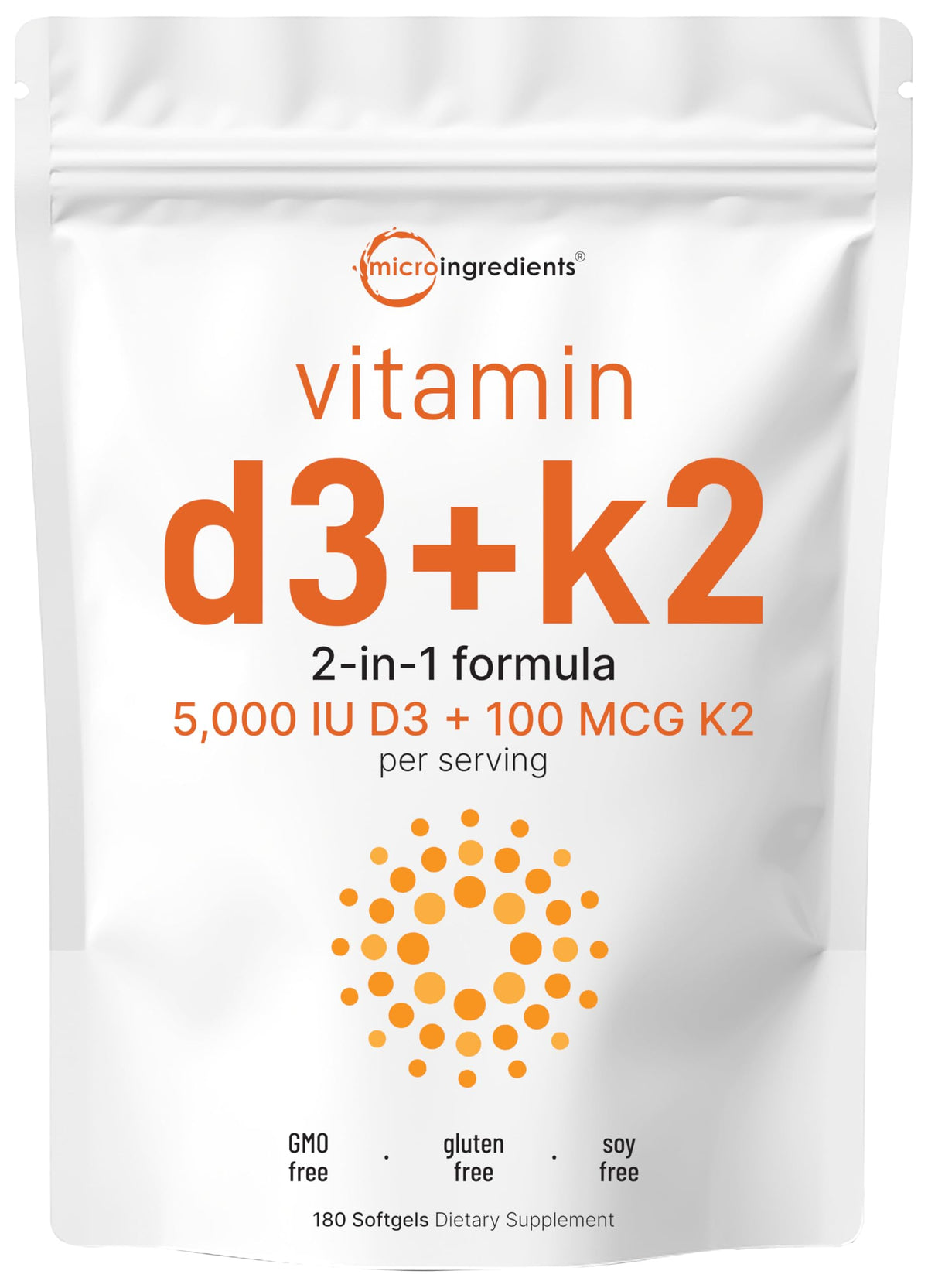 Micro Ingredients Vitamine D3 5000 IU et K2 MK7 180 gélules vue de face