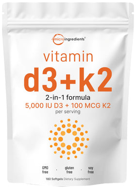 Micro Ingredients Vitamine D3 5000 IU et K2 MK7 180 gélules vue de face