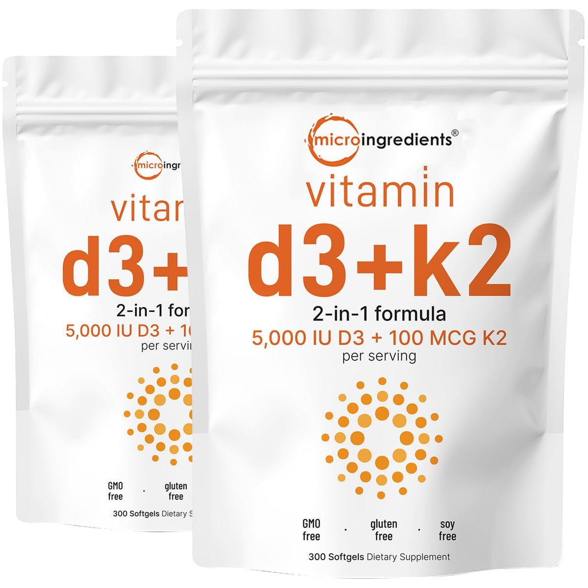 Micro Ingredients Vitamine D3 5000 UI et K2 MK-7 600 gélules molles vue de face