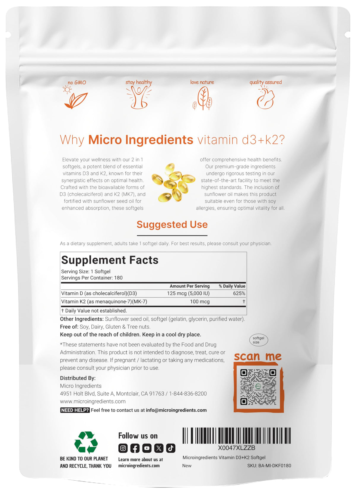 Micro Ingredients Vitamine D3 K2 MK7 gélules montrant l'étiquette