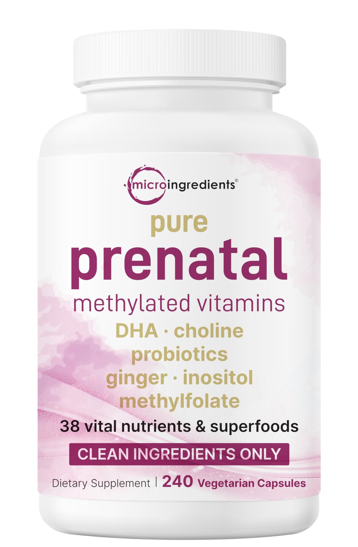 Micro Ingredients vitamines prénatales 240 capsules végétales, vue de face