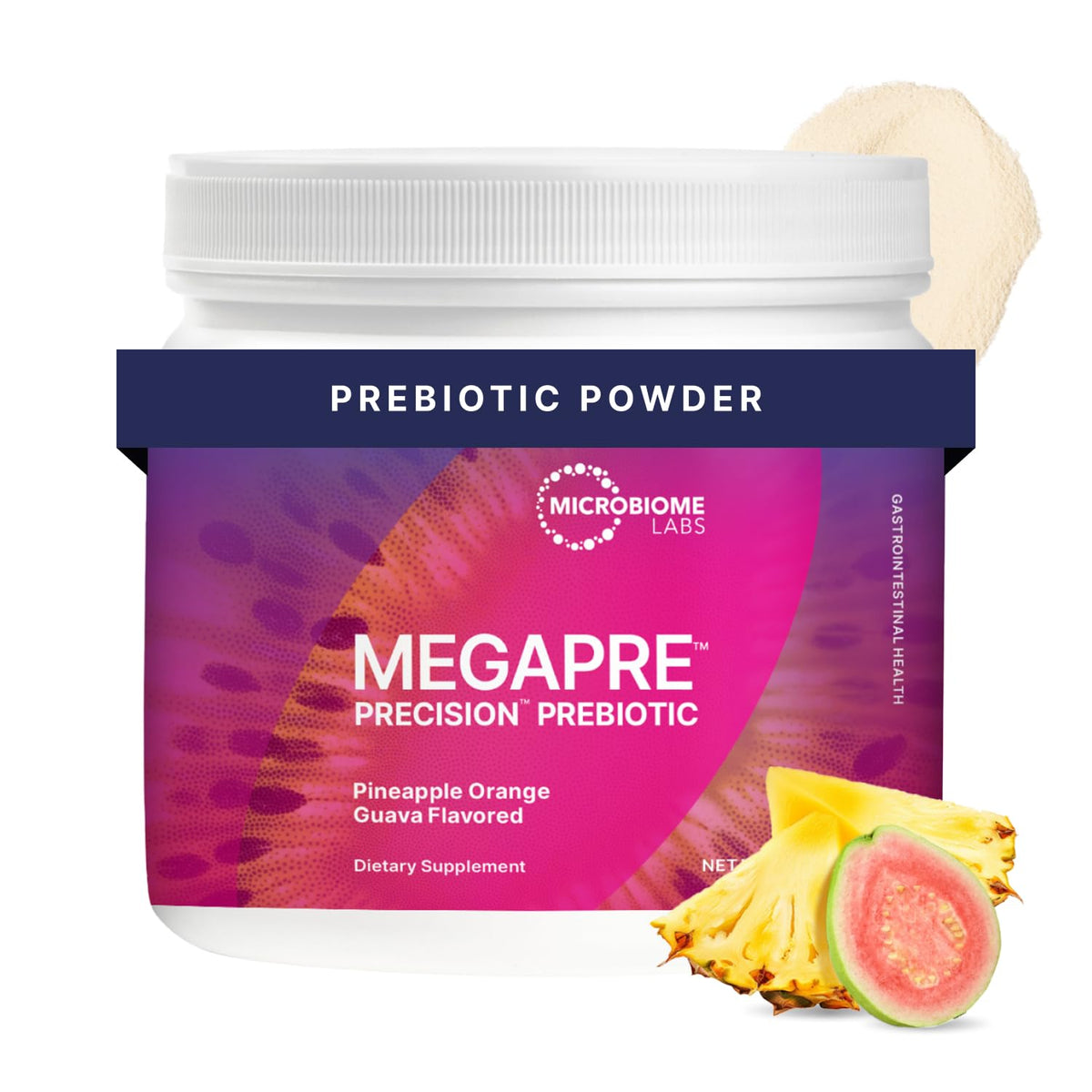 Microbiome Labs MegaPre Poudre Prébiotique 191g Saveur Ananas Orange Goyave vue de face
