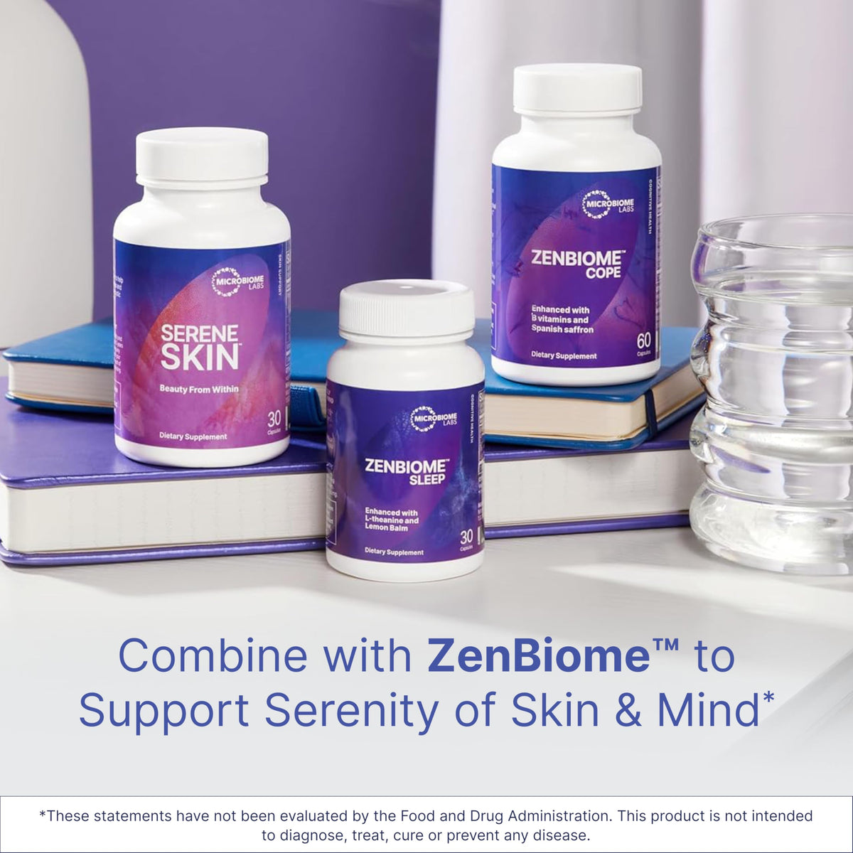 Microbiome Labs SereneSkin capsules avec verre d'eau