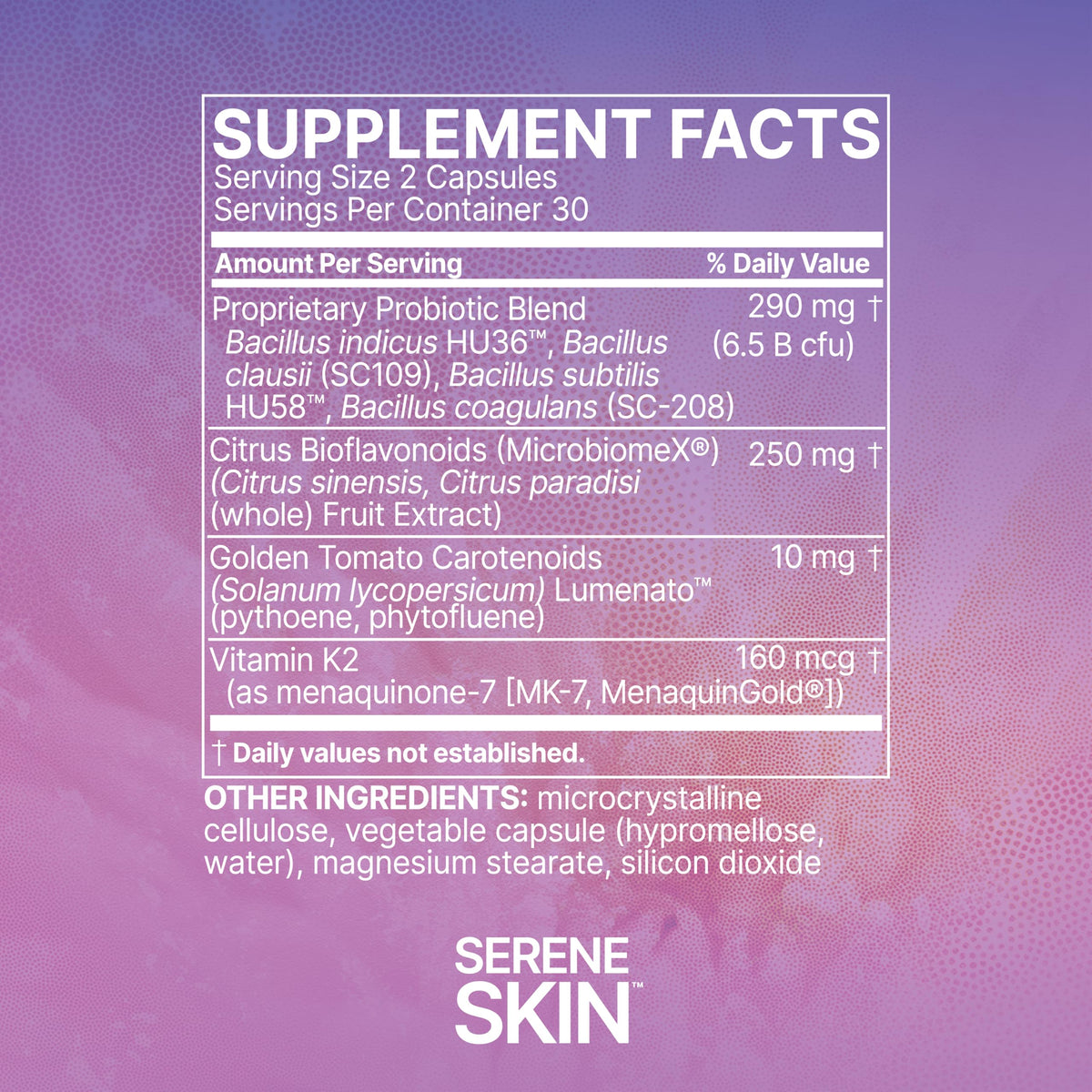 Microbiome Labs SereneSkin capsules sur un fond blanc