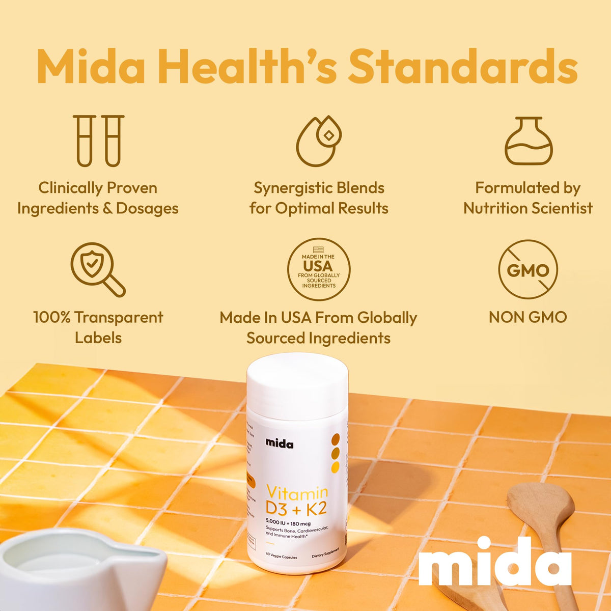 Mida Health D3 K2 5000 UI 180 mcg capsules with a glass of water