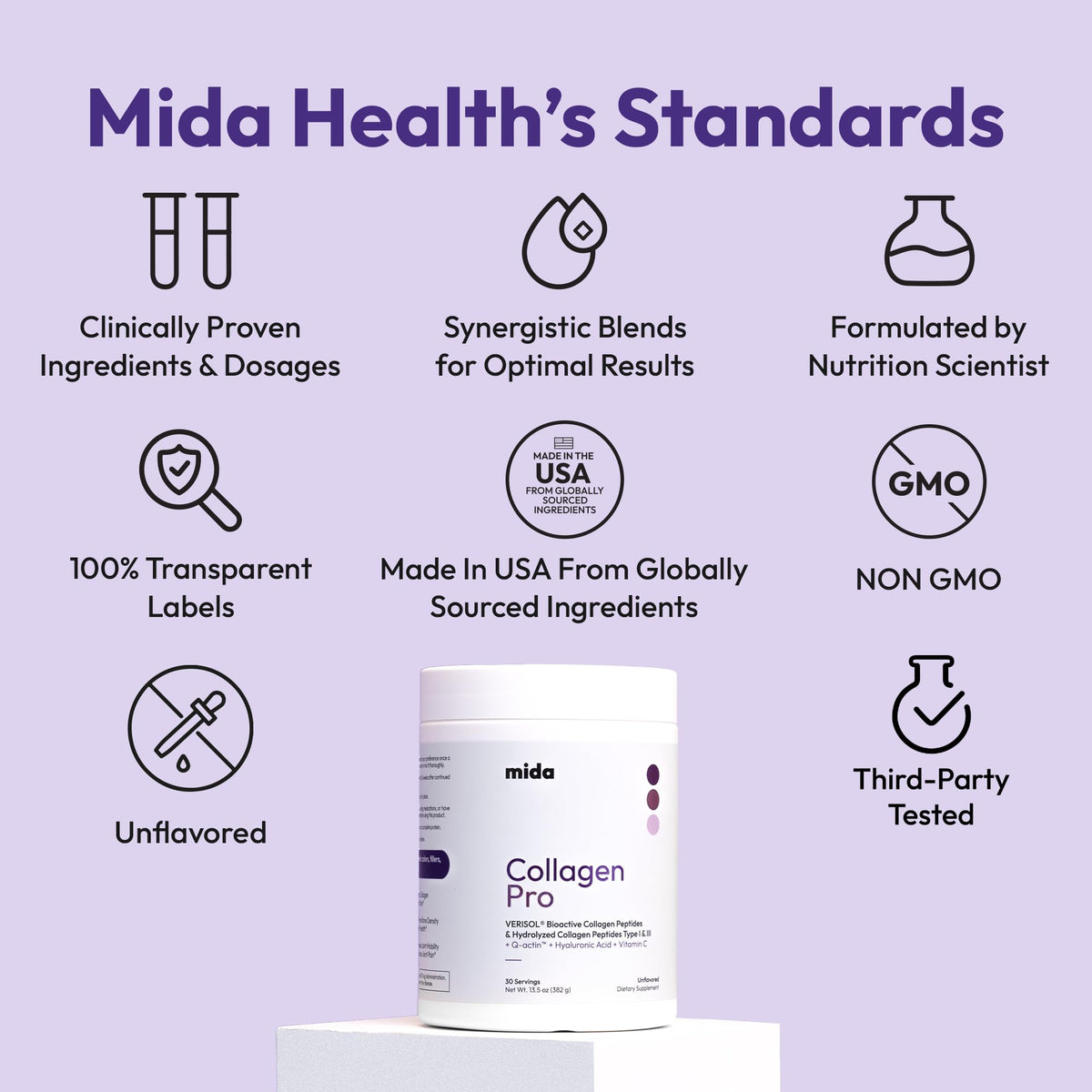 Mida Health Poudre de Collagène Hydrolysé VERISOL® 30 Portions étiquette