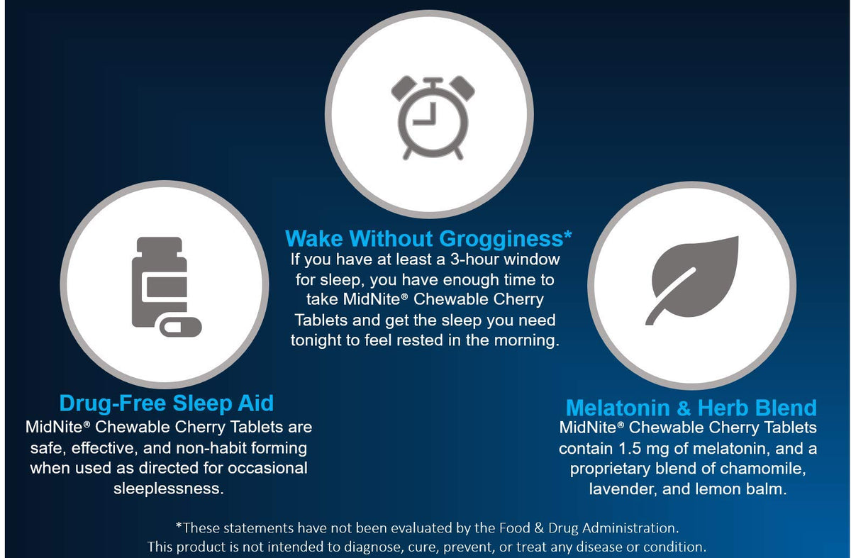 MidNite Complément Alimentaire Sommeil comprimé mâchable cerise en main