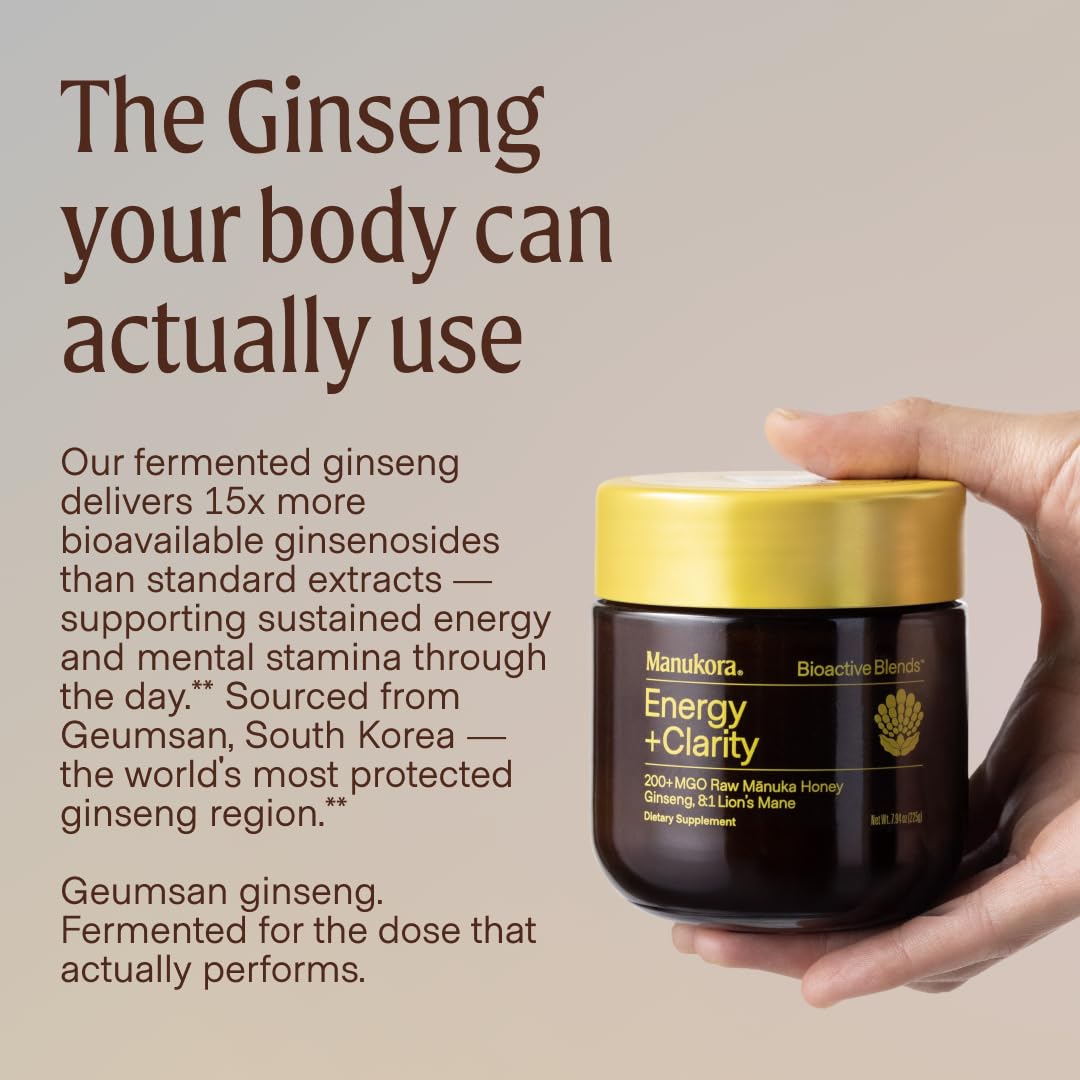 Miel de Manuka cru Manukora avec ginseng et Lion's Mane
