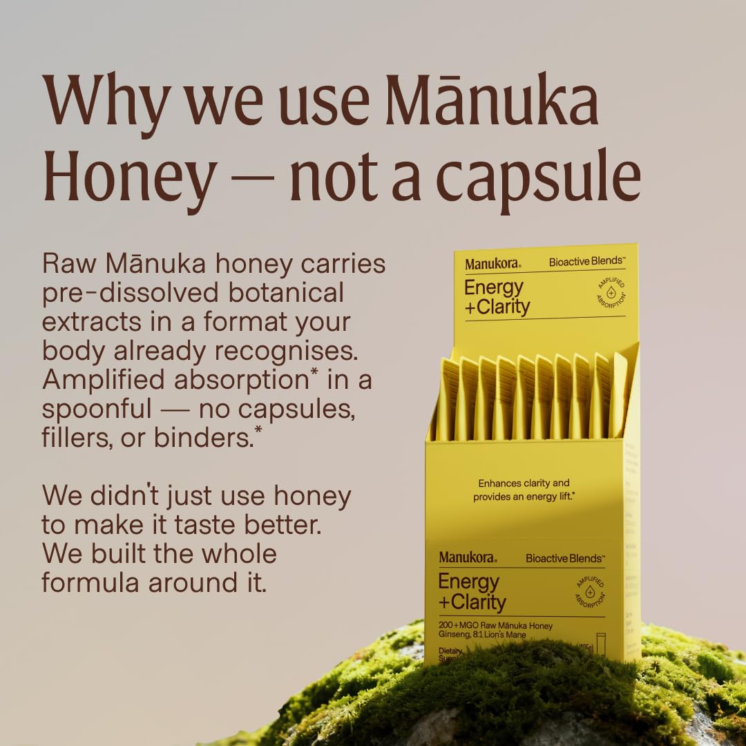 Miel de Manukora Energy + Clarity et une tasse de thé