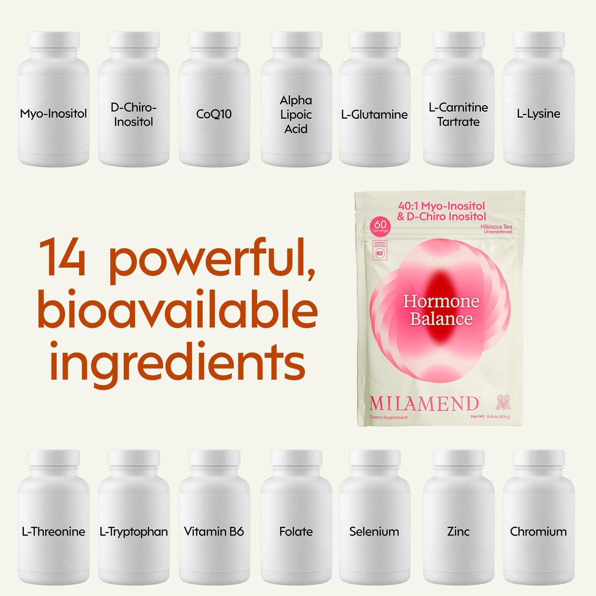 milamend mélange d'inositol 40:1 avec ingrédients sur fond blanc