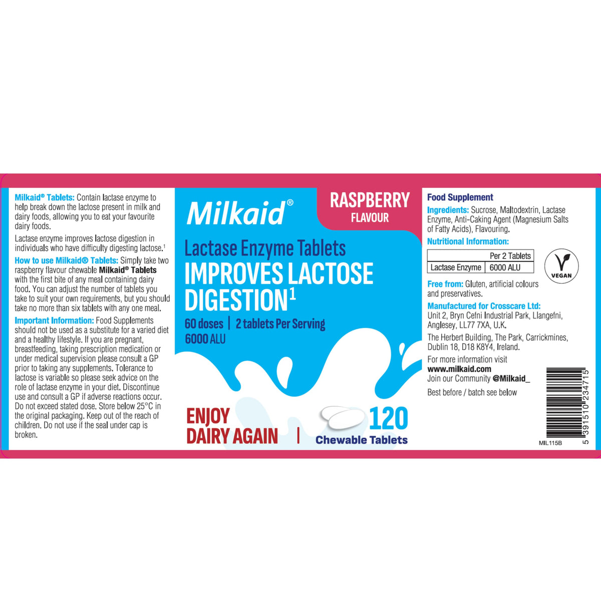 Milkaid Comprimés à Mâcher 120 Tablettes Framboise, détails du produit