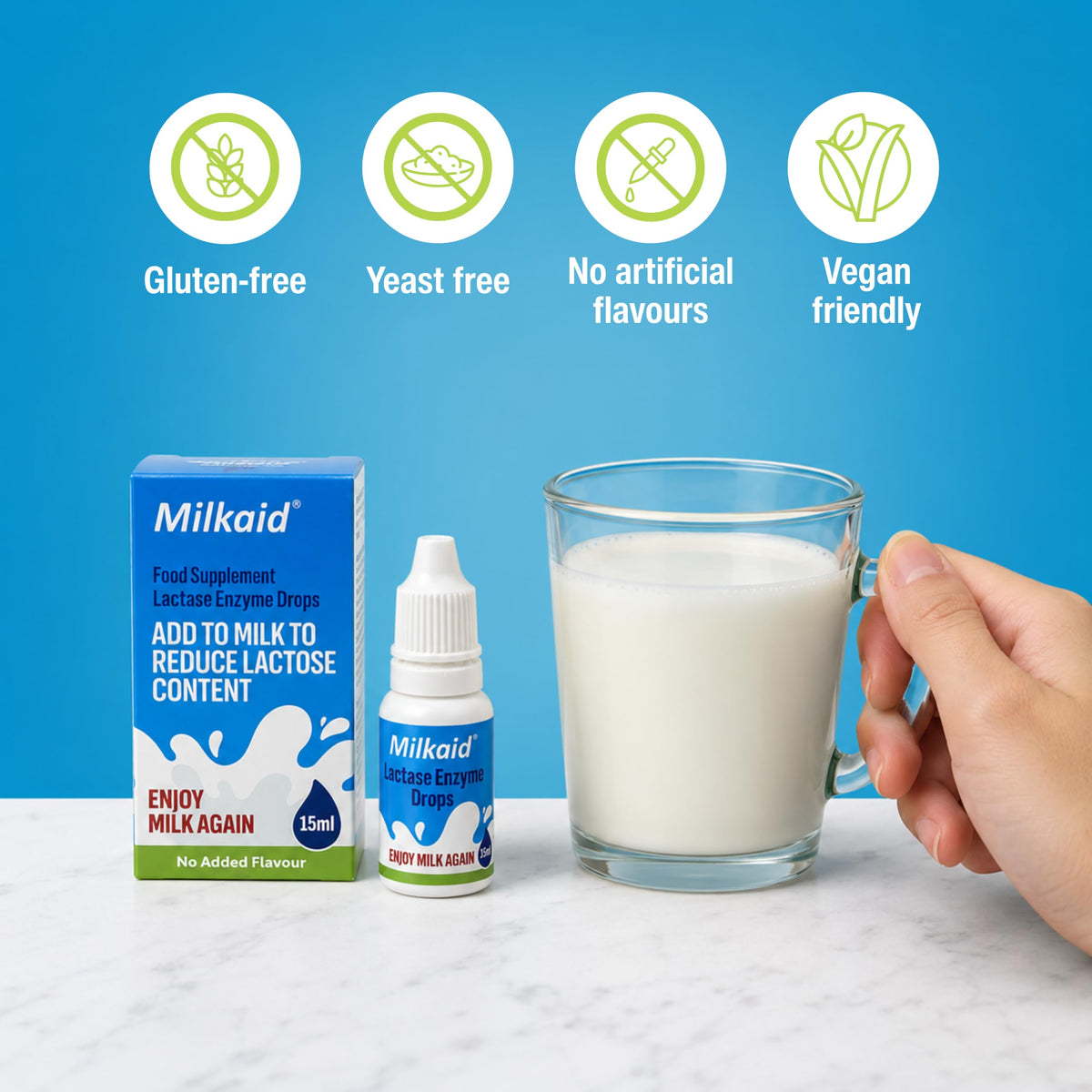 Milkaid Gouttes de Lactase 30ml sur une table de cuisine