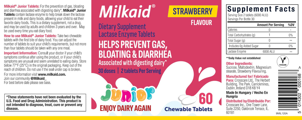 Milkaid Junior comprimés à mâcher saveur fraise, vue de face avec étiquette