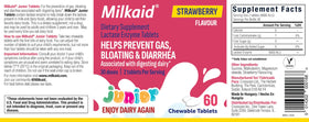 Milkaid Junior comprimés à mâcher saveur fraise, vue de face avec étiquette