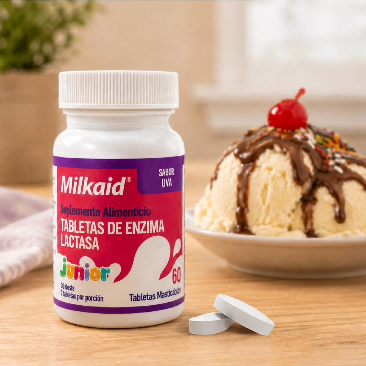 Milkaid Junior comprimés à mâcher saveur raisin, présentation des comprimés