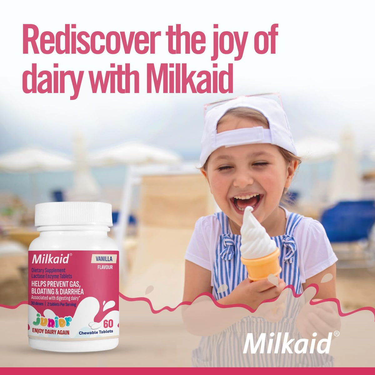 Milkaid Junior comprimés à mâcher sur un fond blanc