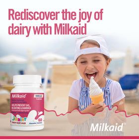 Milkaid Junior comprimés à mâcher sur un fond blanc