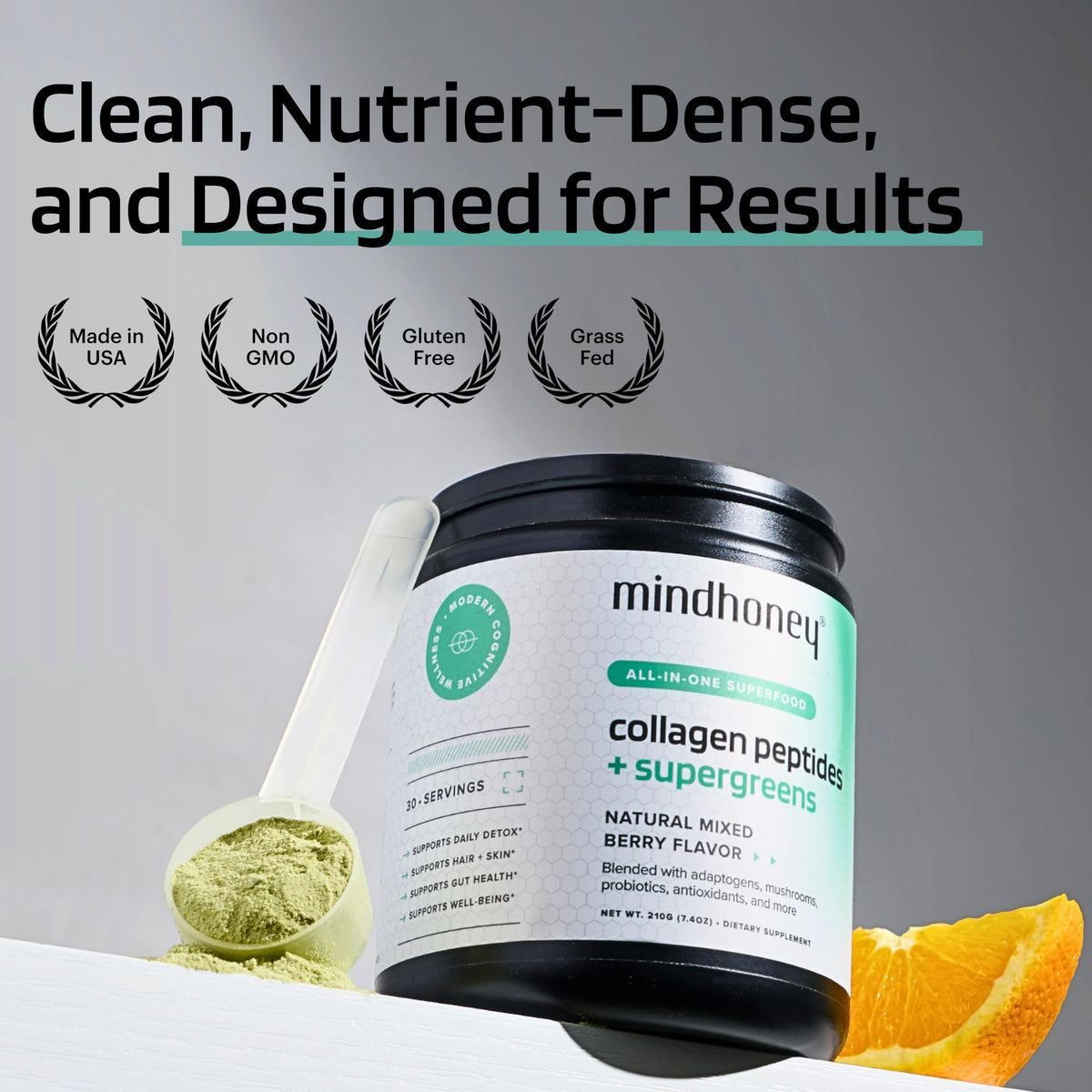 MINDHONEY Collagen Peptide Super Greens 281g avec boisson préparée