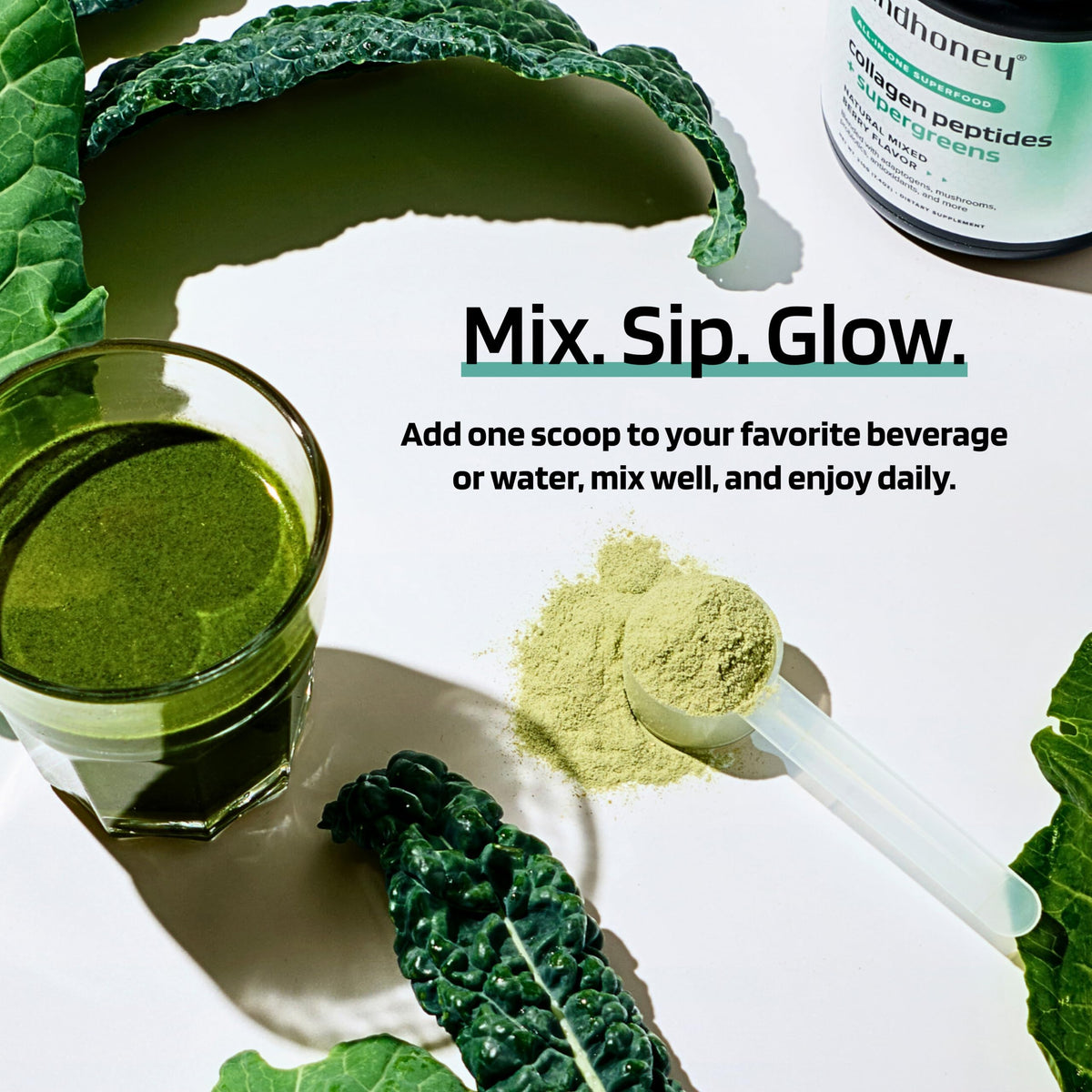 MINDHONEY Collagen Peptide Super Greens 281g avec mélangeur