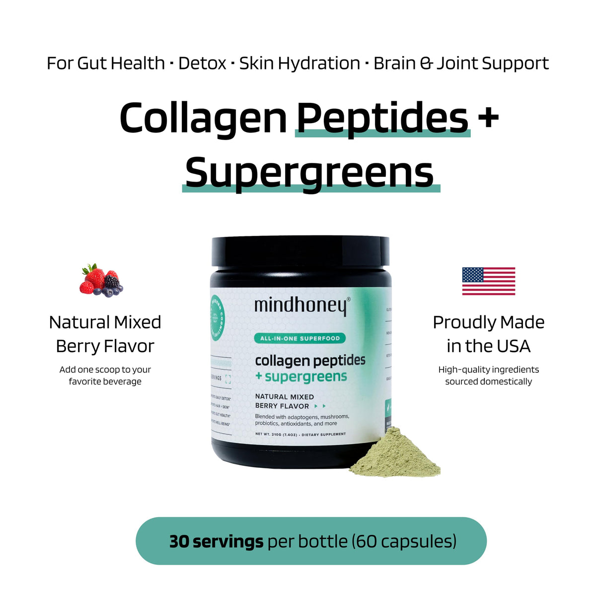MINDHONEY Collagen Peptide Super Greens 281g en poudre dans un verre