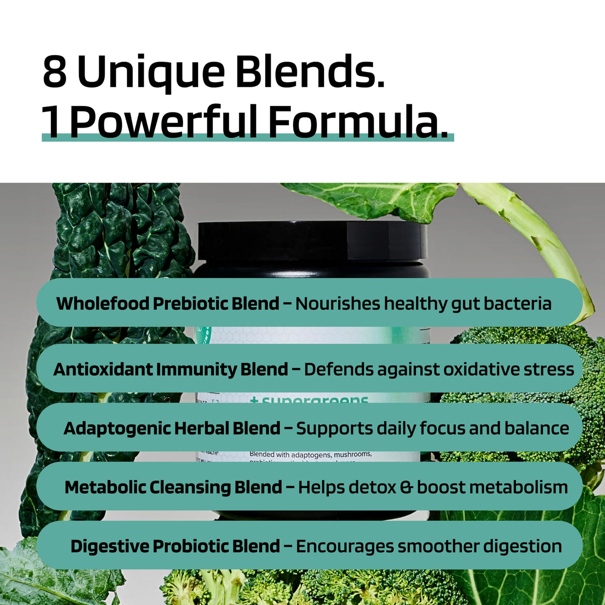 MINDHONEY Collagen Peptide Super Greens 281g sur une table avec fruits