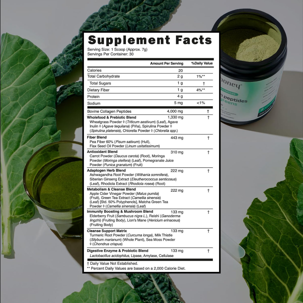 MINDHONEY Collagen Peptide Super Greens 281g vue arrière avec ingrédients