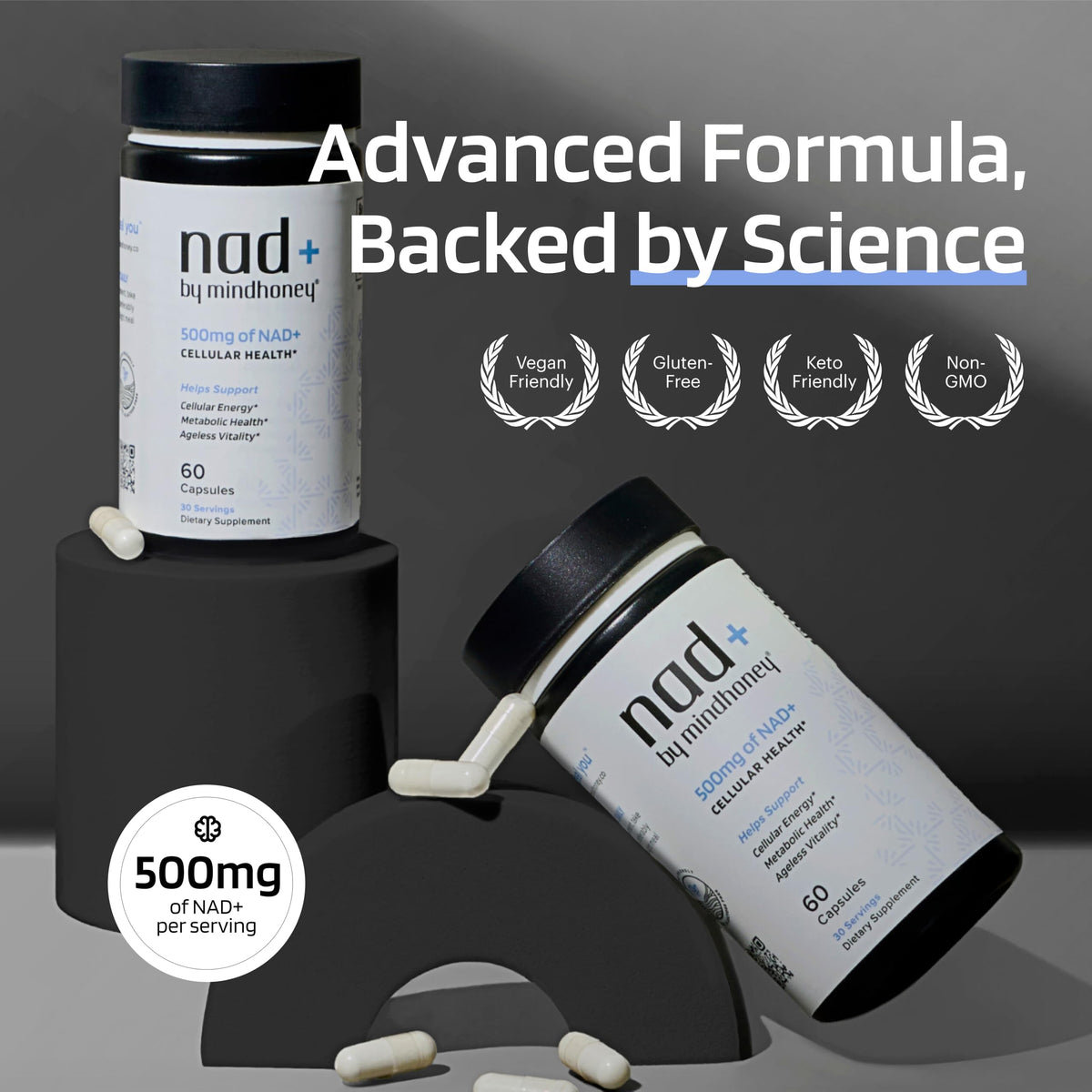 MINDHONEY NAD+ 500mg flacon ouvert avec capsules visibles