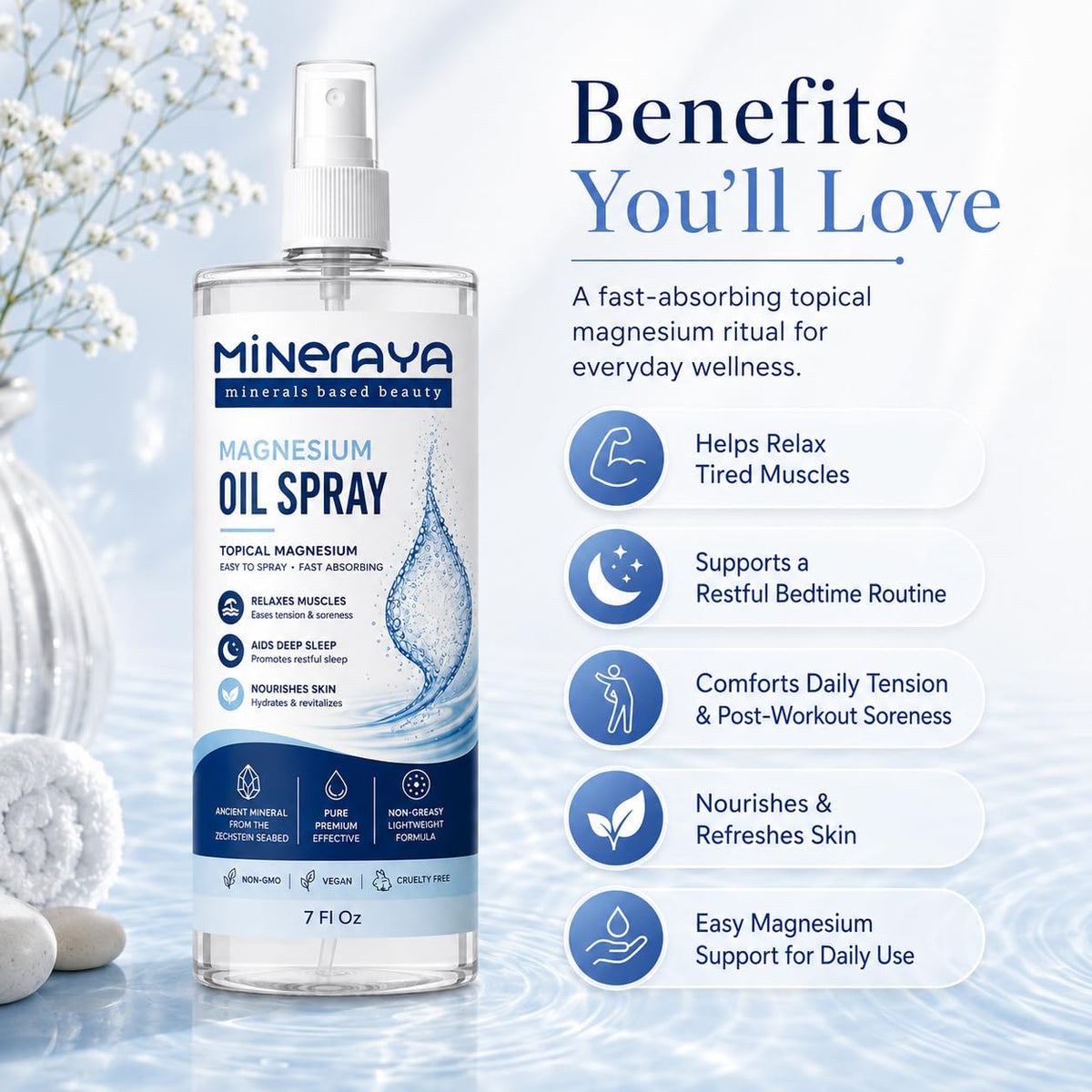 Mineraya spray d'huile de magnésium avec fond neutre