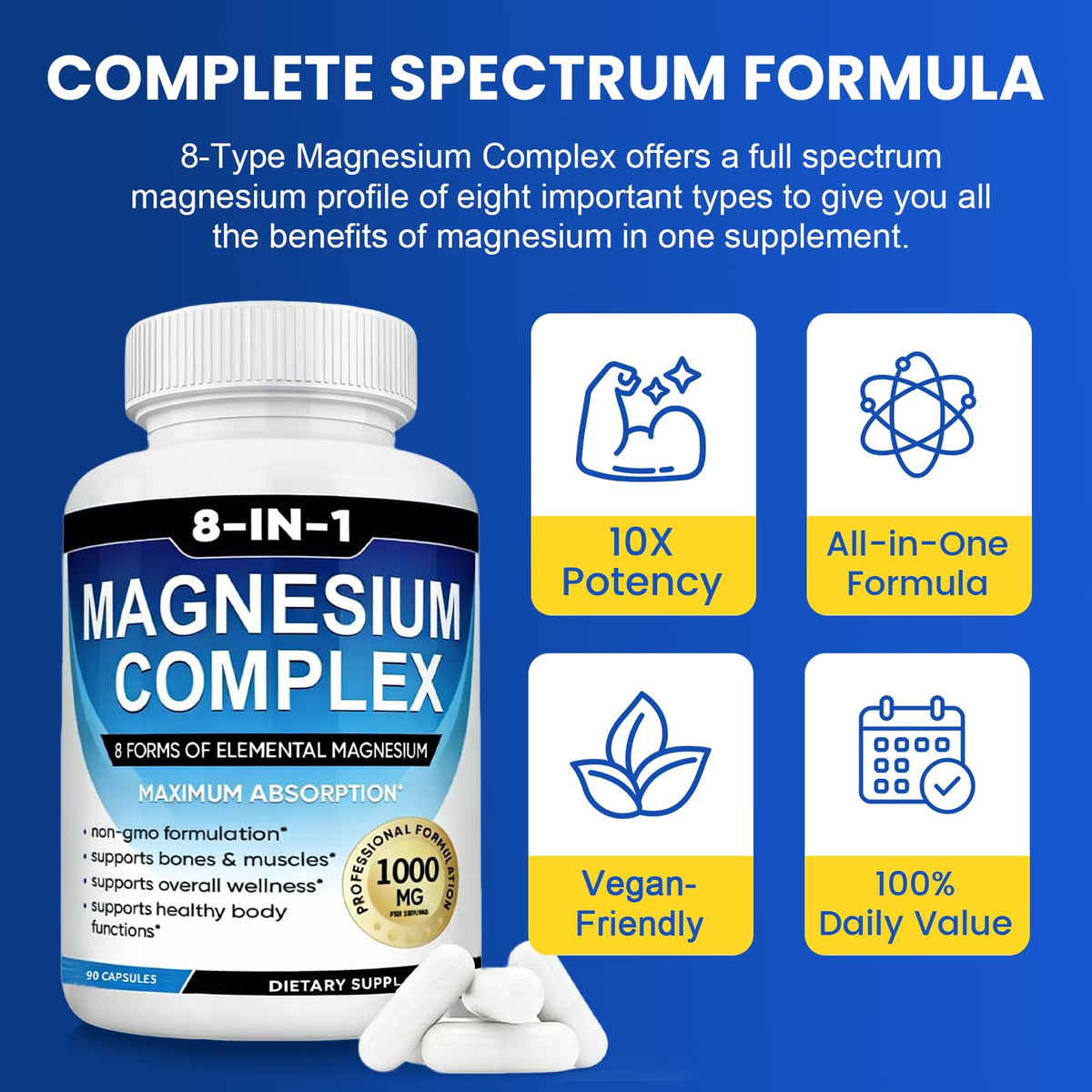 MIRACLE OFFICIAL Complément Alimentaire Magnésium 8-en-1 1000mg Capsules Végétariennes