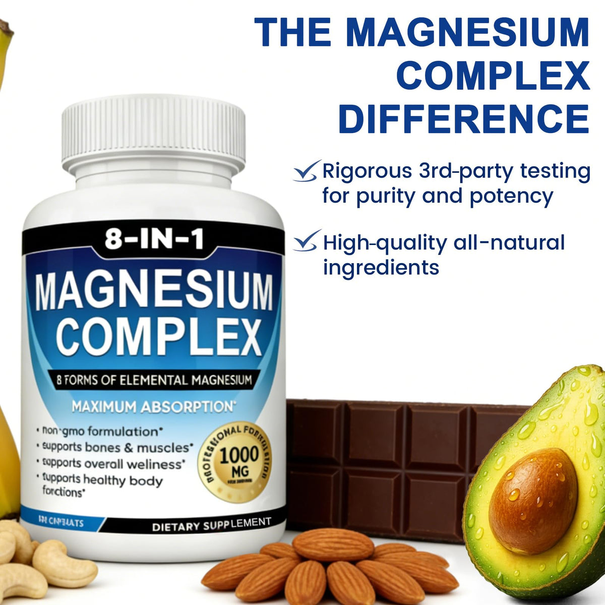 MIRACLE OFFICIAL Complément Alimentaire Magnésium 8-en-1 1000mg Capsules Ouvertes