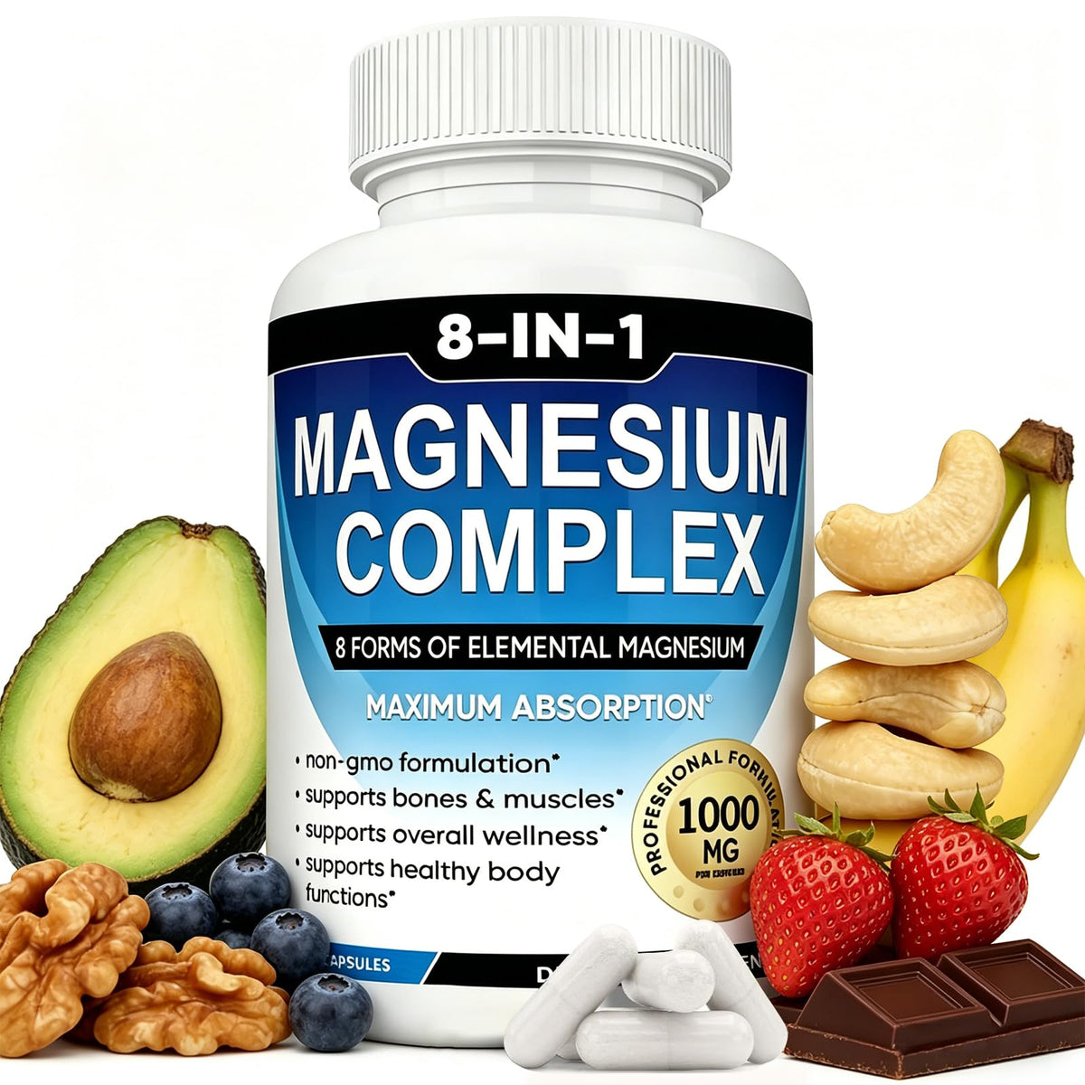 MIRACLE OFFICIAL Complément Alimentaire Magnésium 8-en-1 1000mg Flacon de 90 Capsules