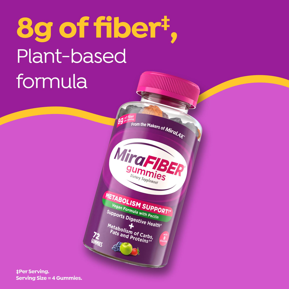 MiraLAX Gummies MiraFIBER 4 gummies sur une table