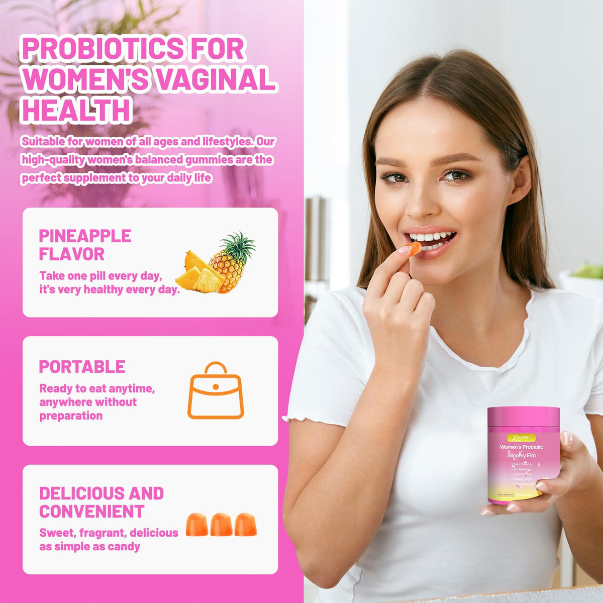 Misyvoing Gummies Probiotiques sur une table avec fruits frais