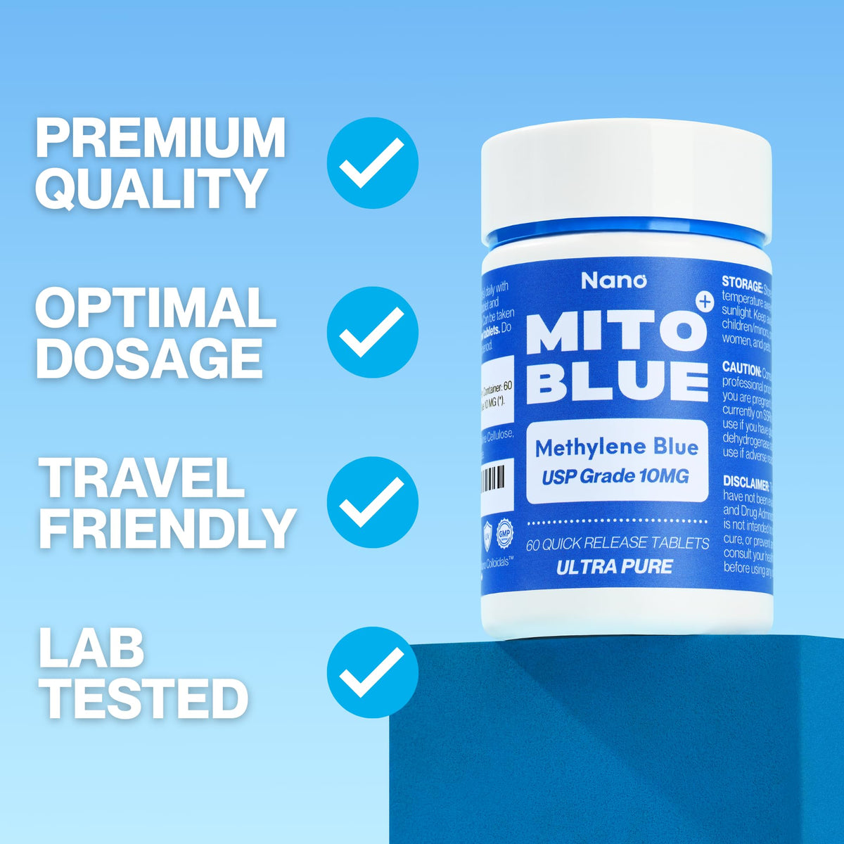 MIT0BLUE Methylene Blue 10mg capsules on a wooden table