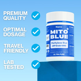 MIT0BLUE Methylene Blue 10mg capsules on a wooden table