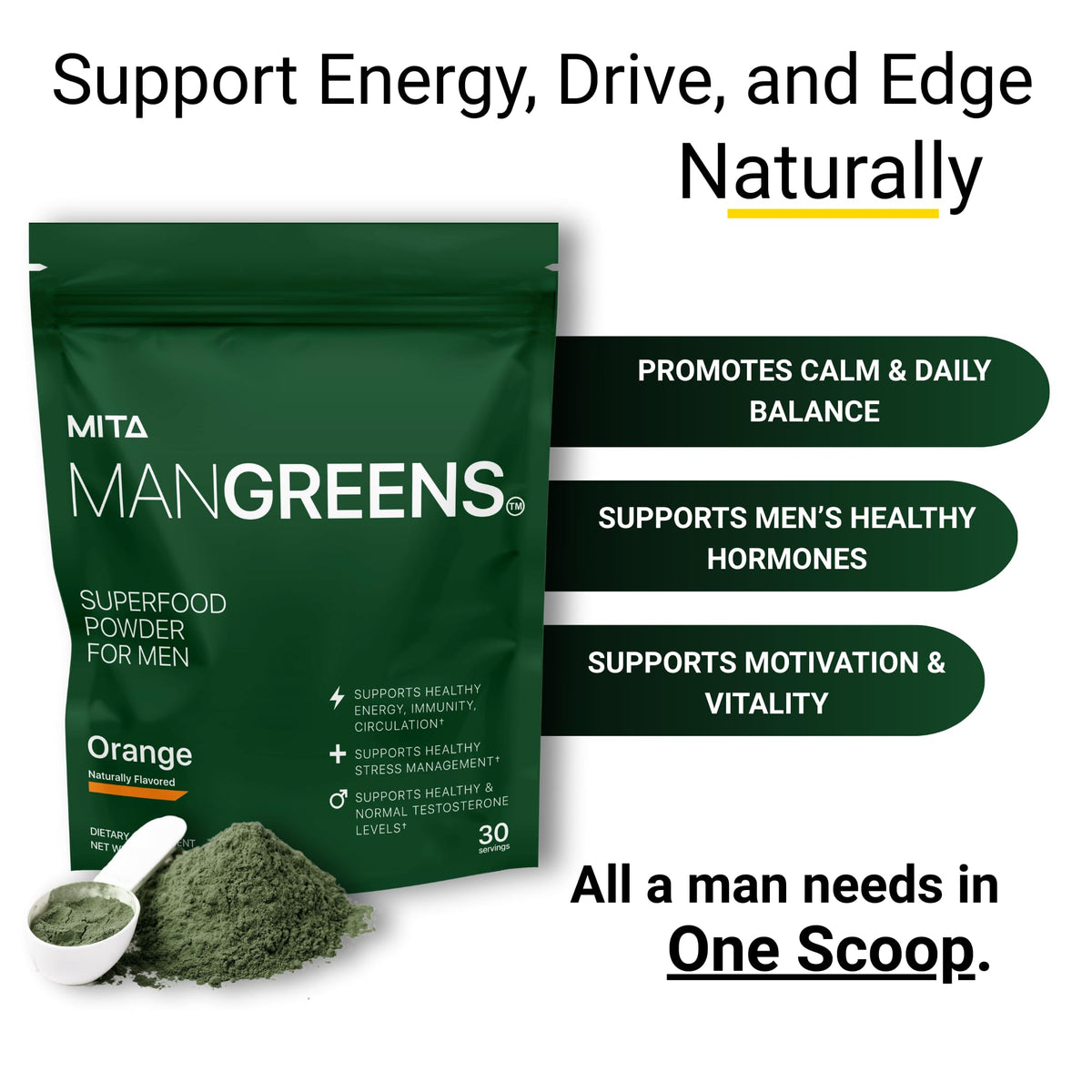 MITA Nutra Man Greens poudre superaliment 499g en environnement de cuisine