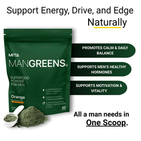 MITA Nutra Man Greens poudre superaliment 499g en environnement de cuisine