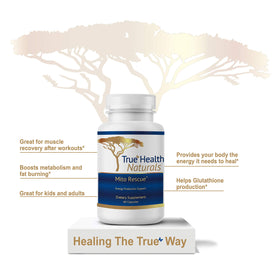 Mito Rescue True Healing Naturals capsules à côté d'un verre d'eau