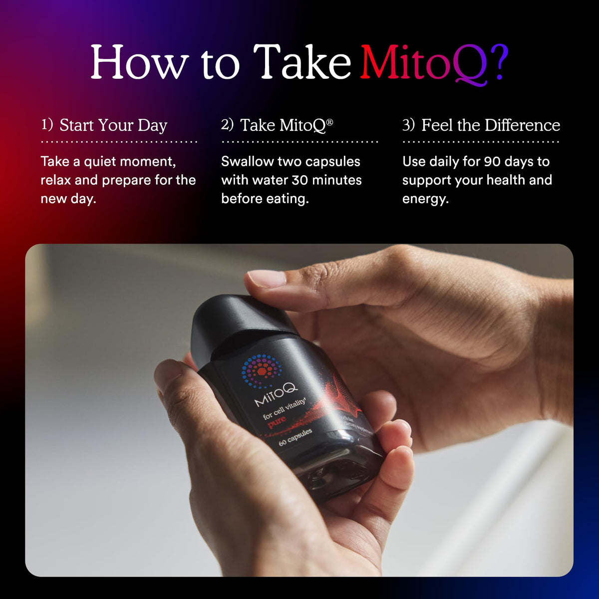 MitoQ complément alimentaire avec capsules en main