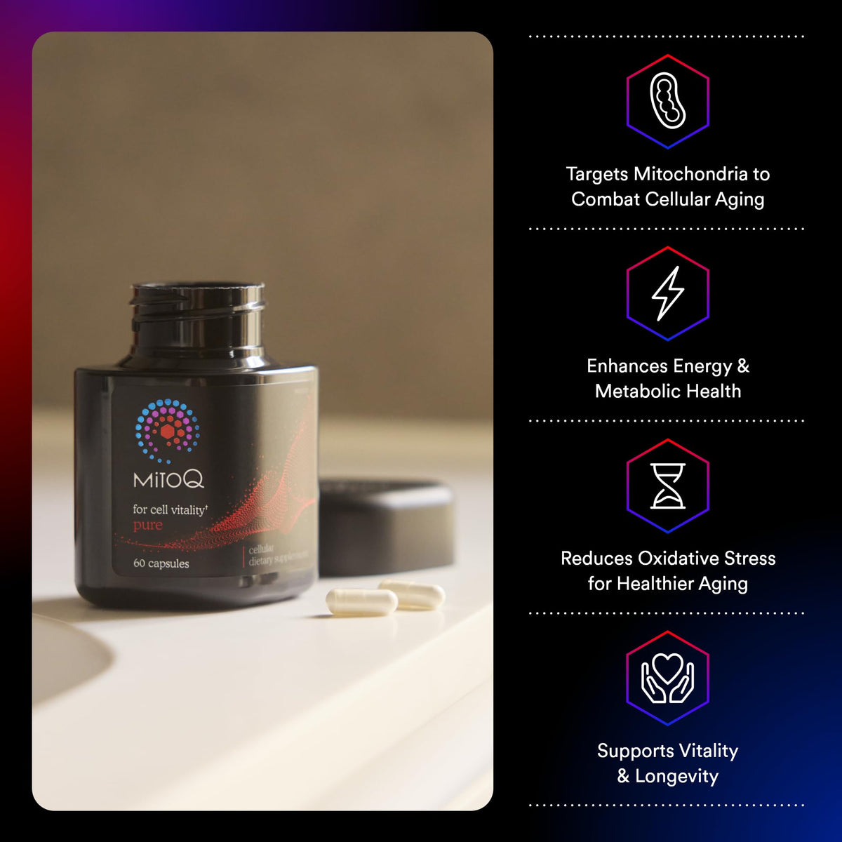 MitoQ complément mitochondrial 60 capsules vue arrière